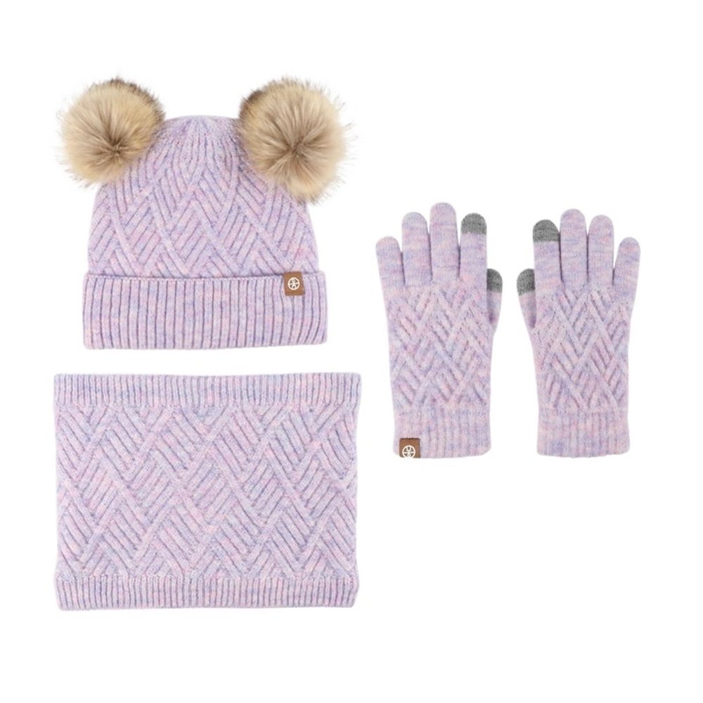 3 Piece Set Knit Hat, Scarf, and Gloves Set for Children - Winter Warmth with Plush Pom-Poms (Color : Purple)