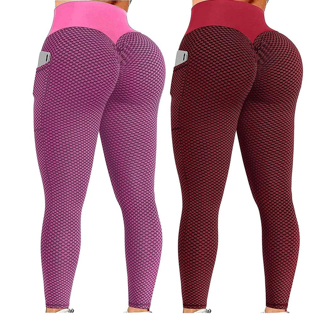 2PCS Butt Lifting Leggings for Women Plus Size Women Scrunch Butt Lifting Seamless Leggings Booty High Waisted Workout Yoga Pants Tummy Control Gym Compression Tights Red