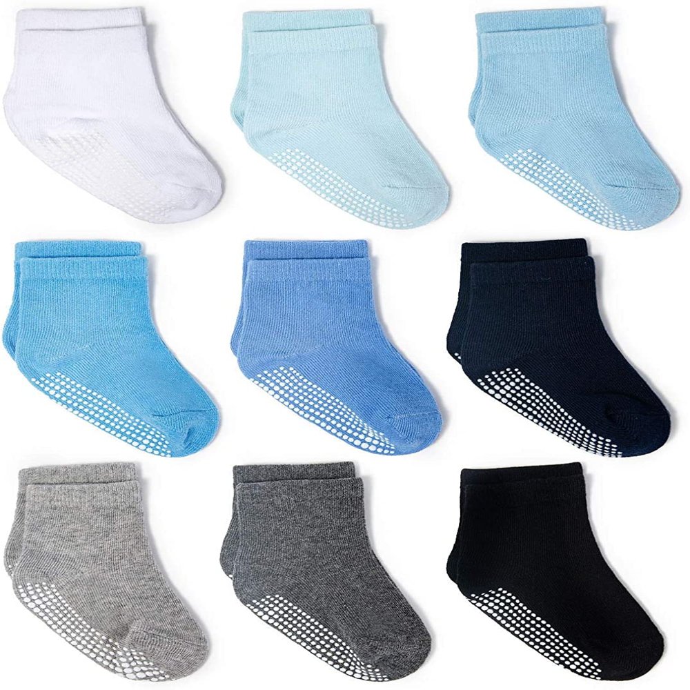 ZAPLES Baby Boys Non Slip Grip Crew Socks with Anti Skid Soles for Infants Toddlers Kids, Boys - 9 Pairs, 8-10 Years