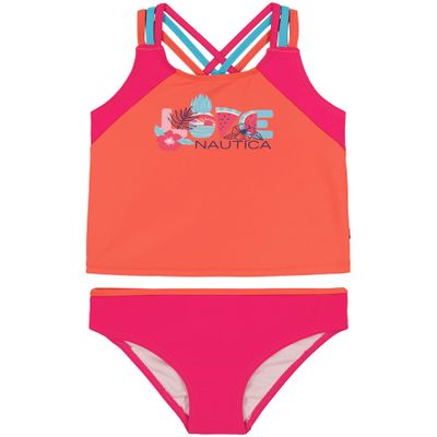Nautica Girls' Two-Piece Bikini Swimsuit Set, UPF 50+ Sun Protection, Quick-Dry Bathing Suit, Hot Coral, 12-14