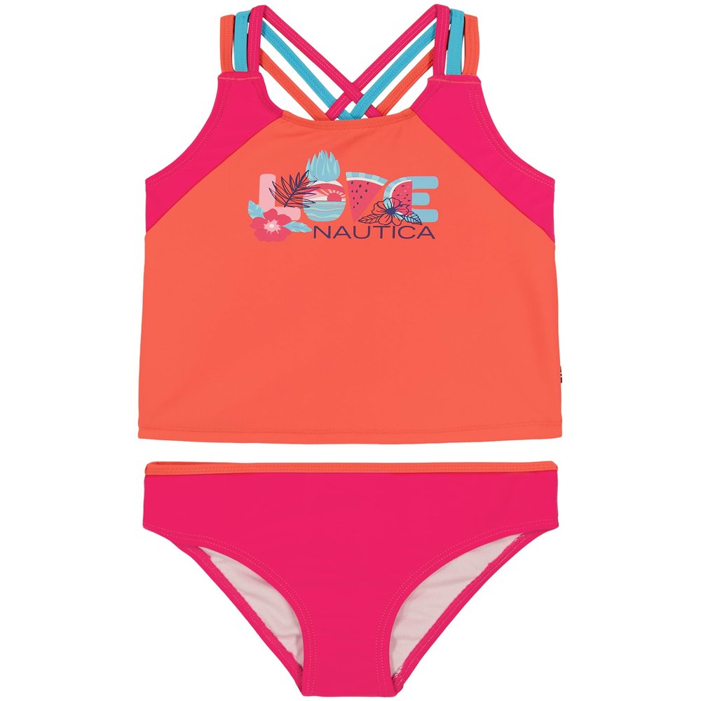 Nautica Girls' Two-Piece Bikini Swimsuit Set, UPF 50+ Sun Protection, Quick-Dry Bathing Suit, Hot Coral, 12-14