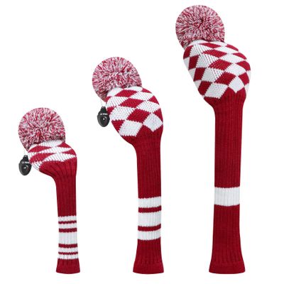 LeFeng Sports 3Pcs Golf Club Covers Set 1-3-5 Knitted Golf Club Covers for 460cc Driver Fairway Woods and Hybrid with Cute Pom Pom and Number Tag (Red White Plaid)