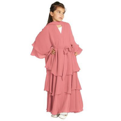 ABEWIP Muslim Chiffon Abaya for Kids Girls Open Front Cardigan Modest Dress with Hijab Middle East Arabian Robe Pink 9-10 Years