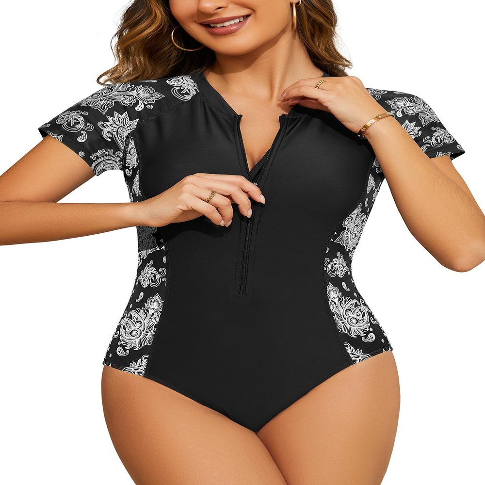 SHEKINI Women's Short Sleeve Rash Guard UV Protection Zipper Surfing One Piece Swimsuit UPF 50(Medium, Black Print)
