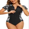 SHEKINI Women's Short Sleeve Rash Guard UV Protection Zipper Surfing One Piece Swimsuit UPF 50(Medium, Black Print) view 1