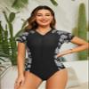SHEKINI Women's Short Sleeve Rash Guard UV Protection Zipper Surfing One Piece Swimsuit UPF 50(Medium, Black Print) view 2
