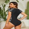 SHEKINI Women's Short Sleeve Rash Guard UV Protection Zipper Surfing One Piece Swimsuit UPF 50(Medium, Black Print) view 3