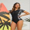 SHEKINI Women's Short Sleeve Rash Guard UV Protection Zipper Surfing One Piece Swimsuit UPF 50(Medium, Black Print) view 4
