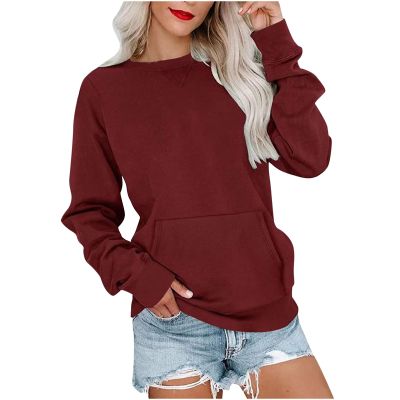Sweatshirts for Women Casual Pullover Drop Shoulder Tops Trendy Oversized Long Sleeve Shirts Tunic Blouse w Pocket Wine