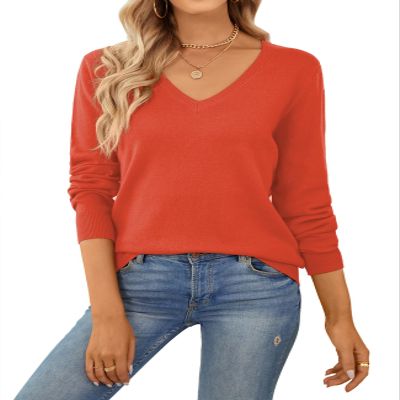 QUALFORT Women's 100% Cotton Sweater V Neck Long Sleeve Knitted Jumper Tops Orange XX-Large