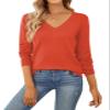 QUALFORT Women's 100% Cotton Sweater V Neck Long Sleeve Knitted Jumper Tops Orange XX-Large view 1