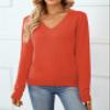 QUALFORT Women's 100% Cotton Sweater V Neck Long Sleeve Knitted Jumper Tops Orange XX-Large view 3