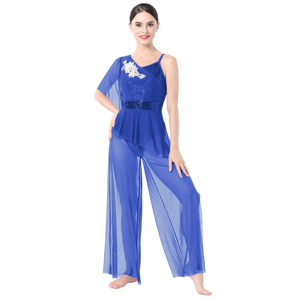 Lyrical Dance Costumes for Women Modern Contemporary Dancewear One-piece Jumpsuit Unitard Sequin Power Mesh Tulle Wide Leg Pants Bottom Leotards Maxi Overdress Jazz Dance Solo Costume Royal Blue S