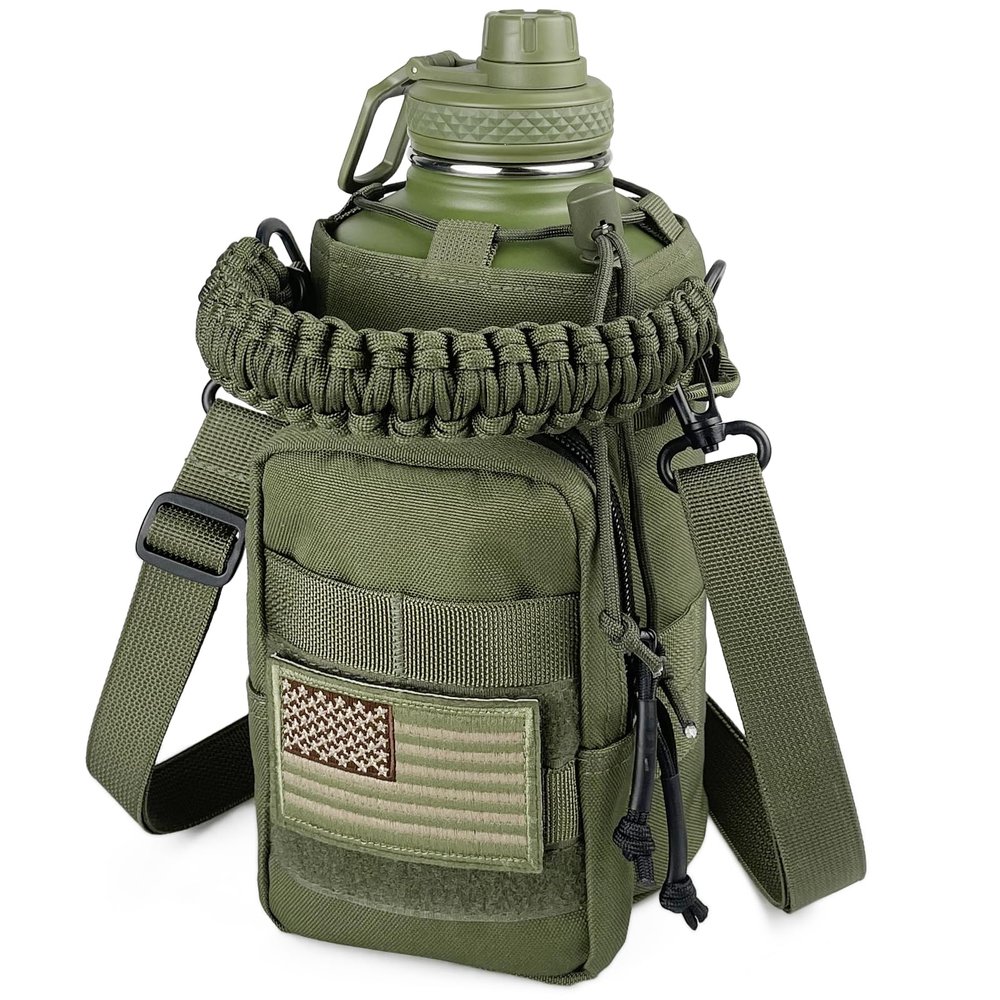DEFUNX 64 Oz Insulated Water Bottle with Sleeve (All Military Green) - Half Gallon Water Jug with Handle - Stainless Steel Sports Water Bottle for Gym Workout Hiking Tactical Bottle with Pouch