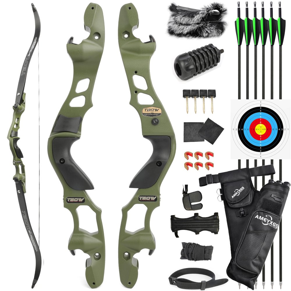 62" Recurve Bow Gordon Limbs ILF Interface CNC Machining 30-60Lbs for Adult Archery Competition Athletic Right Hand (50Lbs, Army Green)