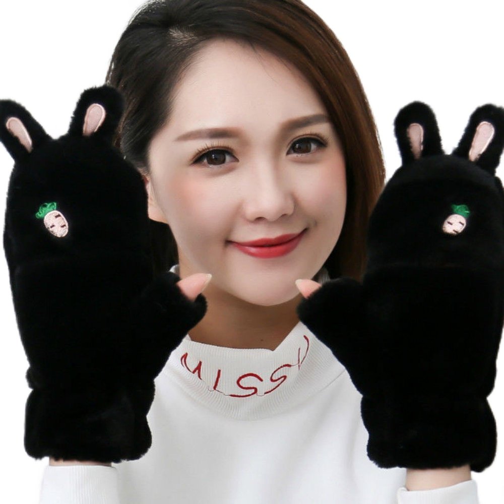 delyx Winter plush warm gloves rabbit flap cartoon embroidery winter gloves