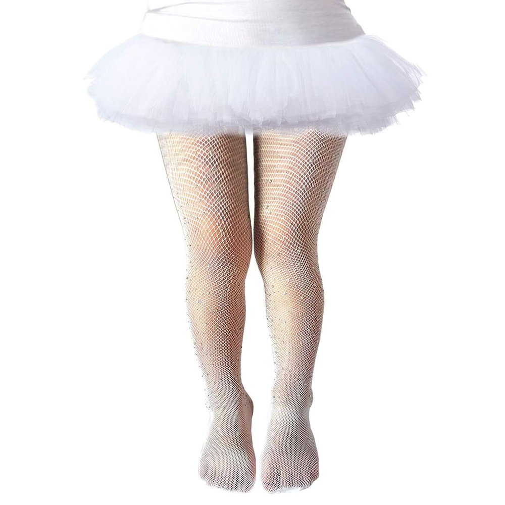 Taoocy Girls Sparkle Fishnet Rhinestone Tights Toddler Tights Glitter Leggings Kids Stockings Pantyhose (White, One Size)