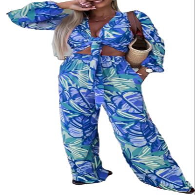 Qikaka Women's 2 PCS Printed Tied Crop Tops Bodycon Pants Sexy Nightclub Party Tracksuit Outfits Sweatsuit Set