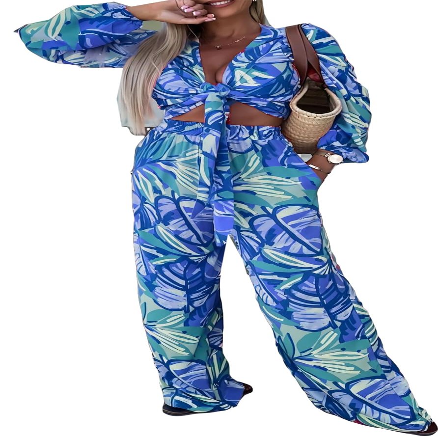 Qikaka Women's 2 PCS Printed Tied Crop Tops Bodycon Pants Sexy Nightclub Party Tracksuit Outfits Sweatsuit Set