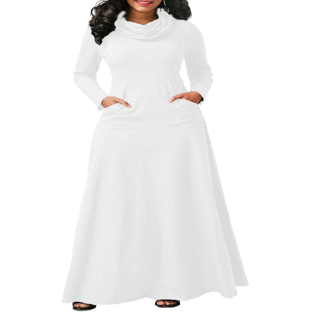 Bengbobar Womens Turtleneck Dress Long Sleeve Plain Swing Maxi Dress Winter Elegant Plus Size Dresses with Pockets