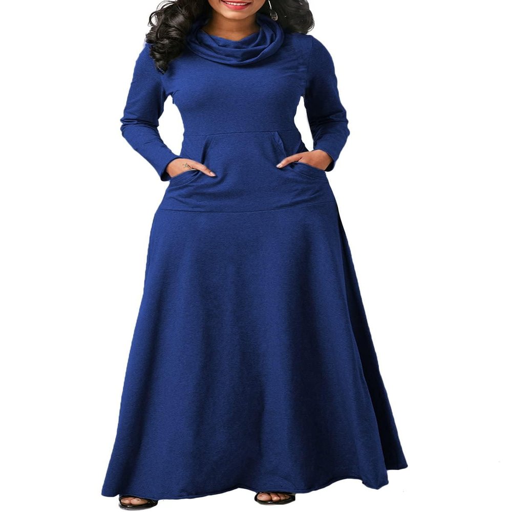 Bengbobar Womens Turtleneck Dress Long Sleeve Plain Swing Maxi Dress Winter Elegant Plus Size Dresses with Pockets