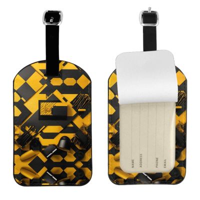Mustard Yellow and Black Print Suitcase Luggage Tag, Leather Suitcase Tags, with Privacy Name Address Labels