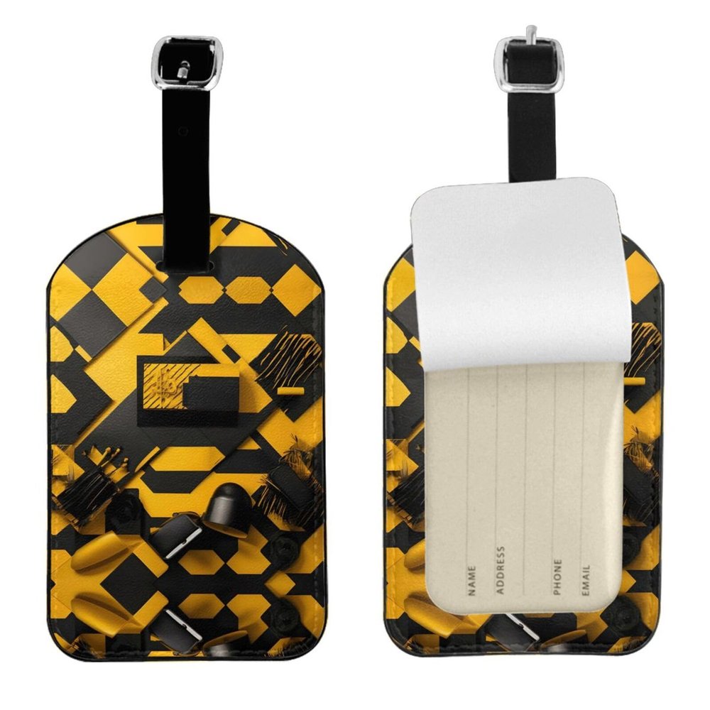 Mustard Yellow and Black Print Suitcase Luggage Tag, Leather Suitcase Tags, with Privacy Name Address Labels