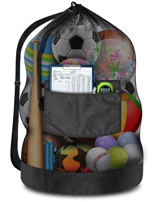 Heavy Duty Soccer Ball Net Bag(100L Extra Large Capacity 10-12Balls), Drawstring Mesh Ball Bag with Zipper Pocket, Sports Equipment Storage Organizer Hold for Gym, Beach, Cloth, Swimming Gears (1)