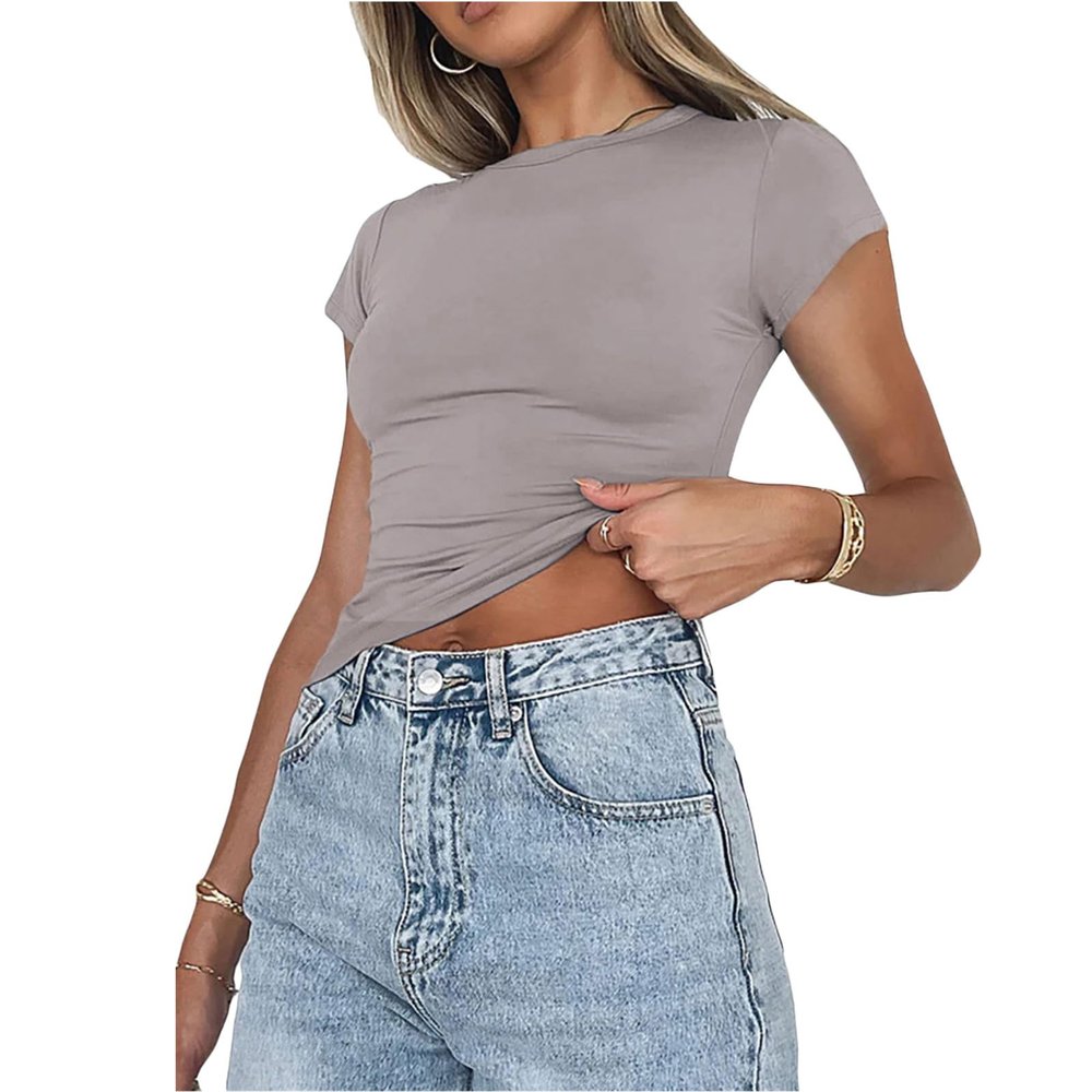 Women's Casual Basic Going Out Crop Tops Short Sleeve Crewneck Crop Tops Tees Slim Fit Tight T Shirts (Light Gray, S)