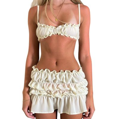 Mxiqqpltky 2 Piece Skirt Sets for Women Ruffle Short Sleeve Tie Up Crop Top & Elastic Waist Pleated Mini Skirt Set Y2K Outfit (Beige, S)
