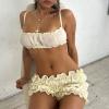 Mxiqqpltky 2 Piece Skirt Sets for Women Ruffle Short Sleeve Tie Up Crop Top & Elastic Waist Pleated Mini Skirt Set Y2K Outfit (Beige, S) view 2