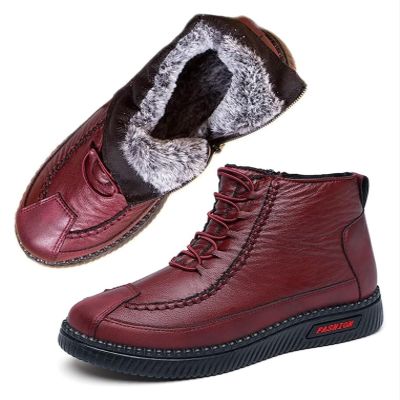 Women's Winter New Fleece Thickened Warm Soft Bottom Cotton Boots Waterproof Slip-on Snow Shoes Leather Ankle Booties (Color : Red, Size : 8.5)