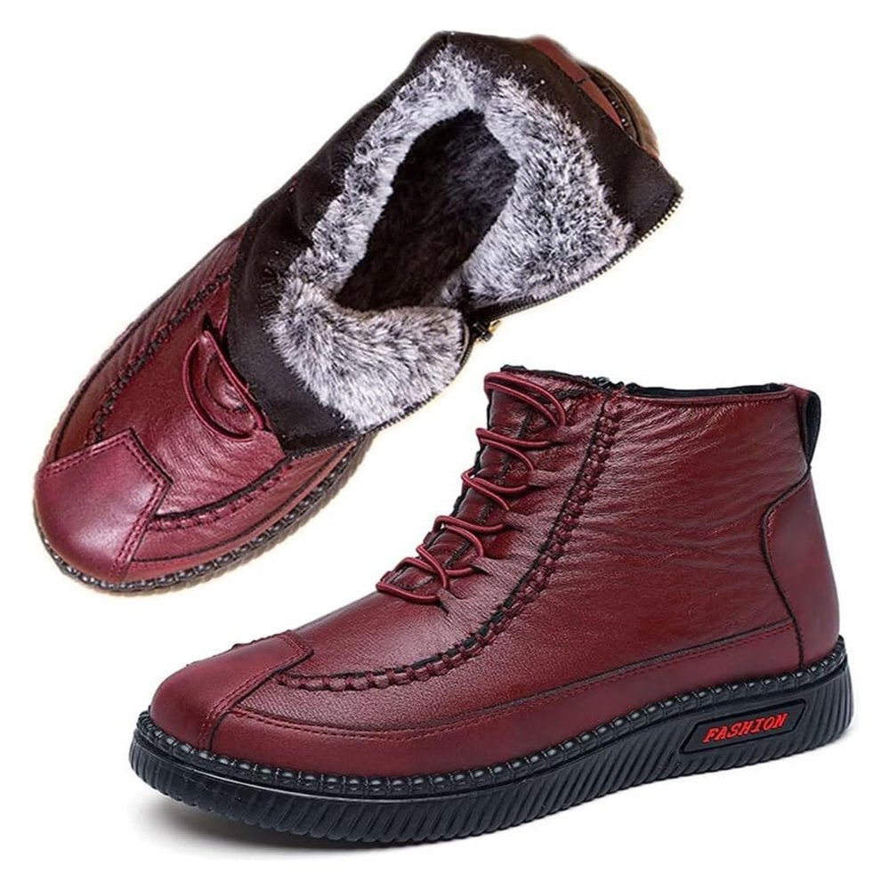 Women's Winter New Fleece Thickened Warm Soft Bottom Cotton Boots Waterproof Slip-on Snow Shoes Leather Ankle Booties (Color : Red, Size : 8.5)