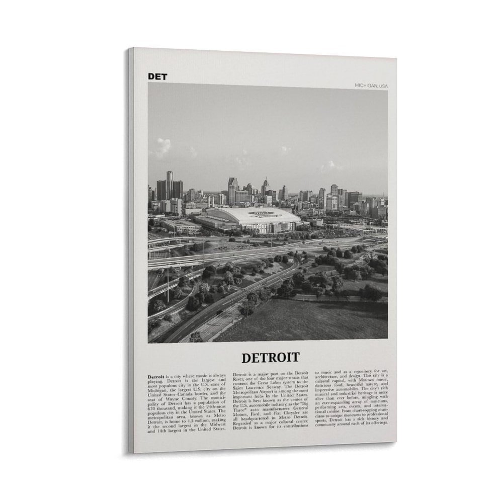 IkiCk Detroit Print Zwart-wit Nr. 2, Detroit Wall Art, Detroit Poster, Detroit Foto, Detroit Decor, Michig Canvas Wall Art Print Poster For Home School Office Decor 20x30inch(50x75cm)