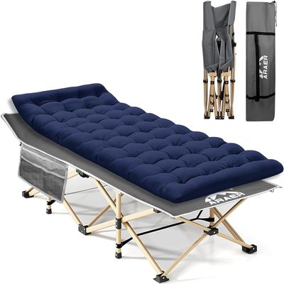 ARAER Camping Cot, 450LBS(Max Load), Portable Folding Outdoor Bed with Carry Bag for Adults Kids, Heavy Duty Cot for Traveling Gear Supplier, Office Nap, Beach Vocation and Home Lounging (Navy Blue)