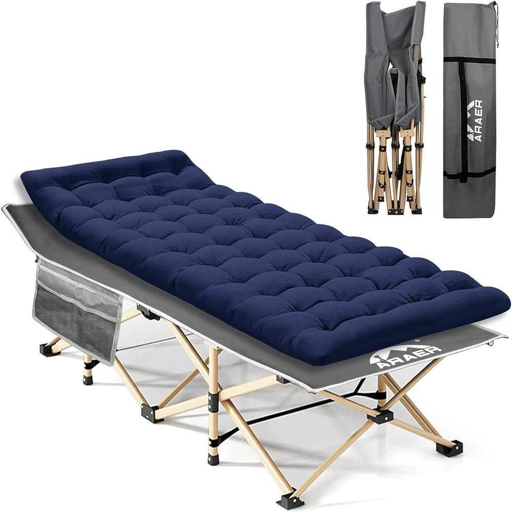 ARAER Camping Cot, 450LBS(Max Load), Portable Folding Outdoor Bed with Carry Bag for Adults Kids, Heavy Duty Cot for Traveling Gear Supplier, Office Nap, Beach Vocation and Home Lounging (Navy Blue)