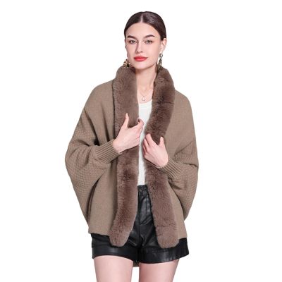 KAYNO Women's Faux Fur Collar Bat Sleeve Cardigan Wool Jacket V-Neck Loose Soft Knitted Sweater