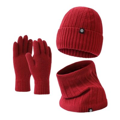 3-Piece Winter Beanie Hat Scarf Touchscreen Gloves Set for Men and Women, Beanie Gloves Neck Warmer Set with Warm Knit Lined (Color : Claret)