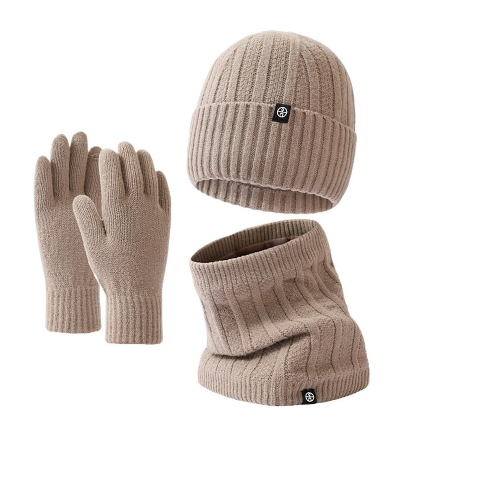 3-Piece Winter Beanie Hat Scarf Touchscreen Gloves Set for Men and Women, Beanie Gloves Neck Warmer Set with Warm Knit Lined (Color : Khaki)