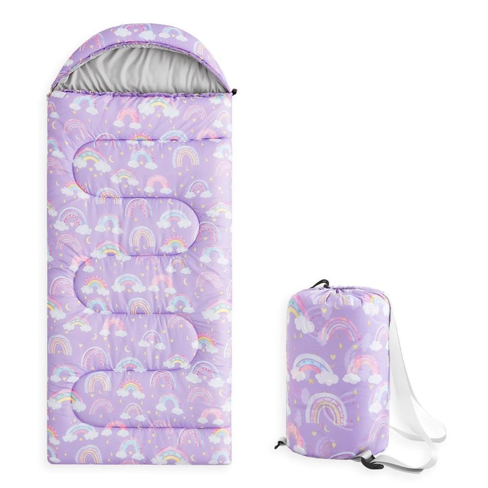 Wake In Cloud - Kids Sleeping Bag for Girls Toddlers, Camping in Warm Cold Weather, Backpacking Lightweight Compact Outdoor Liner for 3 Seasons, Rainbow Clouds, Dark Purple