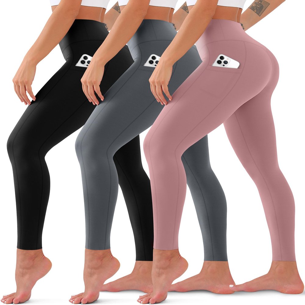3 Pack High Waisted Leggings for Women No See Through Yoga Pants Tummy Control Leggings for Workout Running Buttery Soft (Pocket Black/Grey/Pink, 2XL)