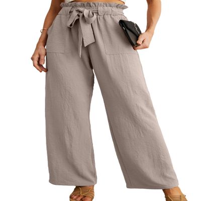 IWOLLENCE Women's Wide Leg Pants with Pockets High Waist Adjustable Knot Loose Casual Trousers Business Work Casual Pants Light Khaki X-Large