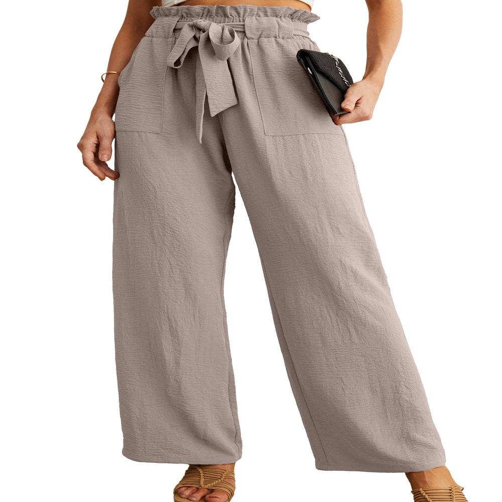 IWOLLENCE Women's Wide Leg Pants with Pockets High Waist Adjustable Knot Loose Casual Trousers Business Work Casual Pants Light Khaki X-Large