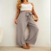 IWOLLENCE Women's Wide Leg Pants with Pockets High Waist Adjustable Knot Loose Casual Trousers Business Work Casual Pants Light Khaki X-Large view 3