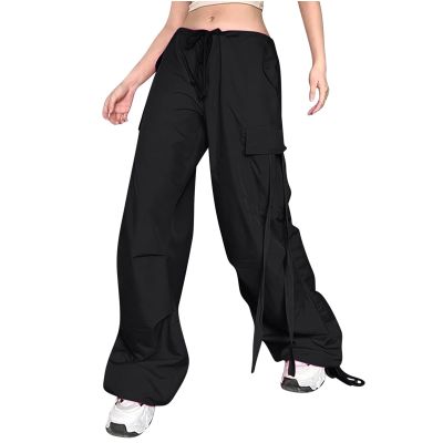 Parachute Pants Womens Cargo Pants High Waisted Wide Leg Pants Baggy Drawstring Joggers Pants Teen Girls Y2K Streetwear