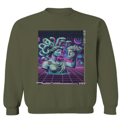 0559. Aesthetic Greek Medusa Vaporwave Art Cyberpunk Streetwear Rave Men's Crewneck Sweatshirt (Olive, X-Large)