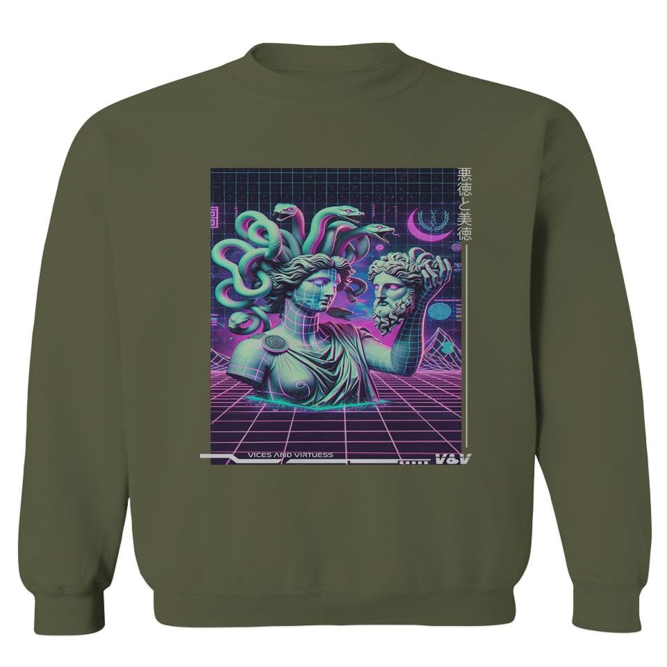 0559. Aesthetic Greek Medusa Vaporwave Art Cyberpunk Streetwear Rave Men's Crewneck Sweatshirt (Olive, X-Large)