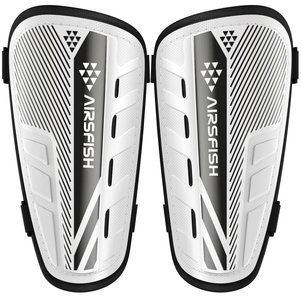Shin Guards Soccer Kids Youth, CE Certified AirsFish Shin Guard Protection Gear for 2-18 Years Old Boys Girls Teenagers High Impact Resistant Breathable Comfortable (S Plus, White+Black)