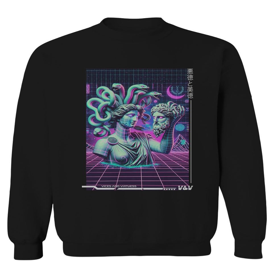 0559. Aesthetic Greek Medusa Vaporwave Art Cyberpunk Streetwear Rave Men's Crewneck Sweatshirt (Black X-Large)