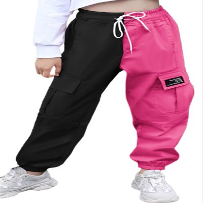 SANGTREE Girl Pants,Multi Pockets Elastic Waist Pull On Cargo Jogging with Drawstring,Colorblock-Black Rose,6-7 Years Toddler=Tag 130